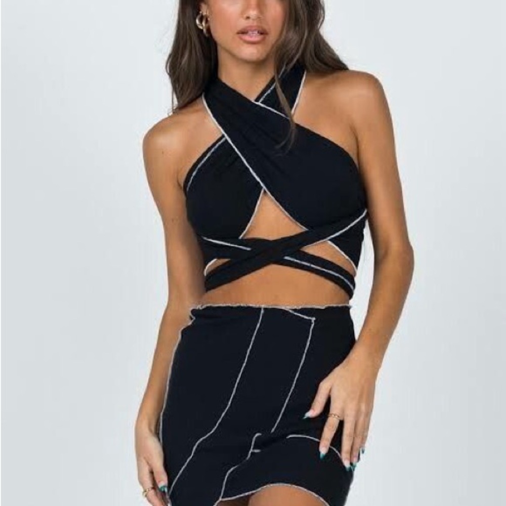Black Halter Wrap Top and Skirt Set